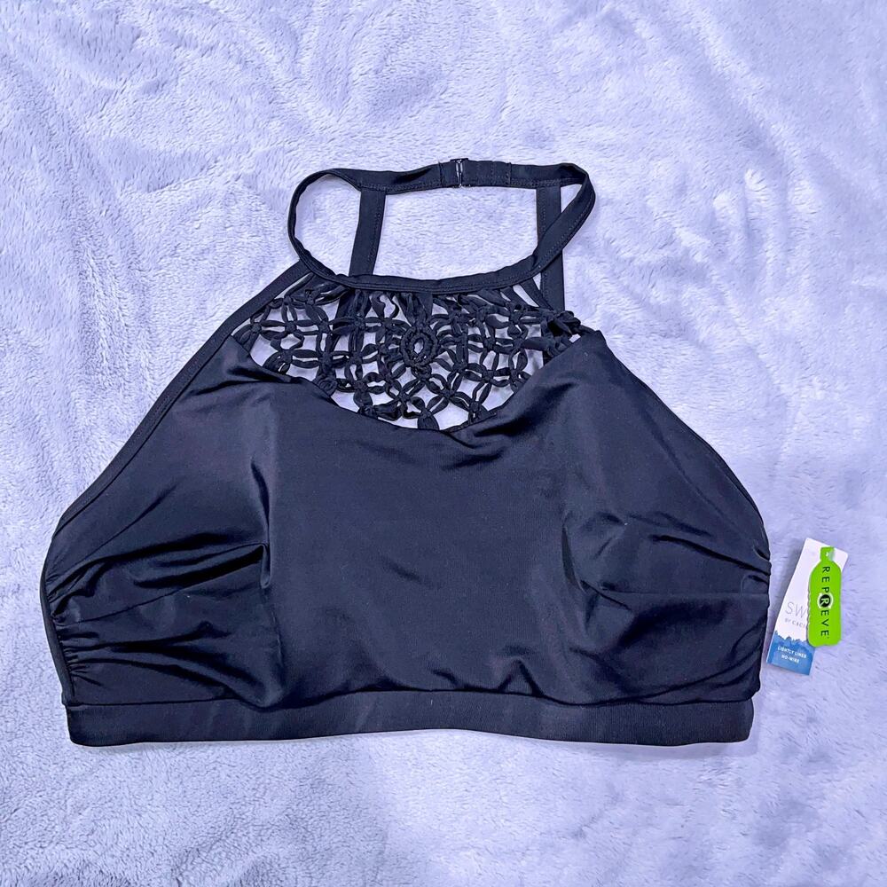 Cacique Swim Macrame High Neck Bikini Top Black No Wire Lane Bryant Womens 18